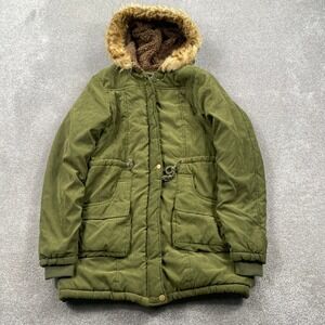 iLOVESIA Olive Green Faux Fur Hooded Parka Jacket Womens US 6 Adjustable Waist